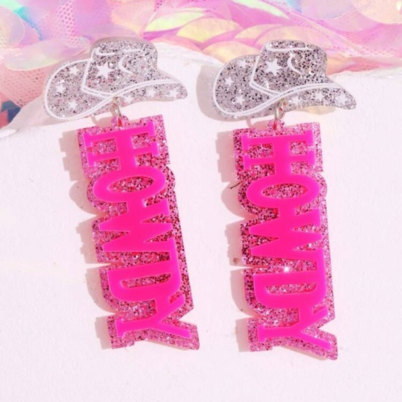 Miss Glam Co. Jewelry - Howdy Pink Glitter Glitter Glam Hat Dangle Earrings
